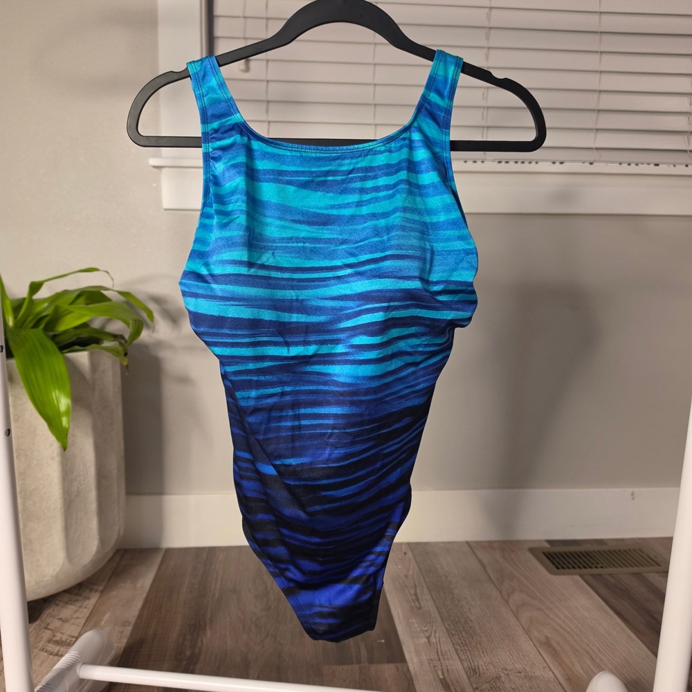 Longitude Swimsuit One Piece Women Size 14 Blue Striped Excellent Long Torso